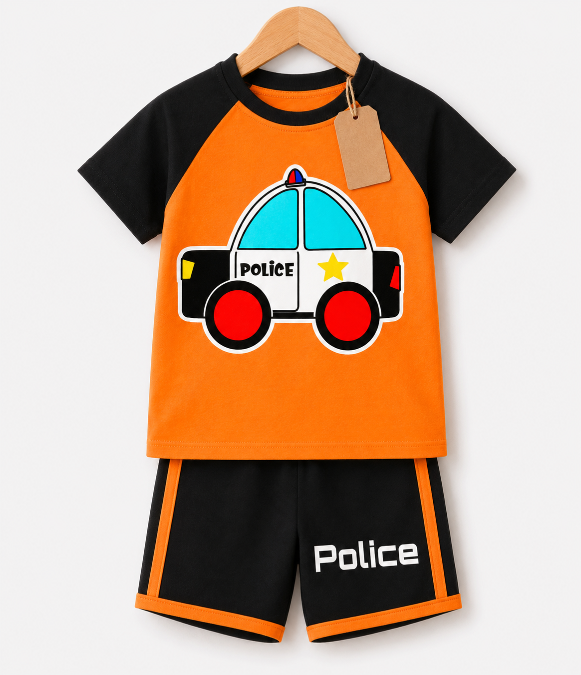 Orange Police Car Printed T-shirt Set(1yrs-7yrs)