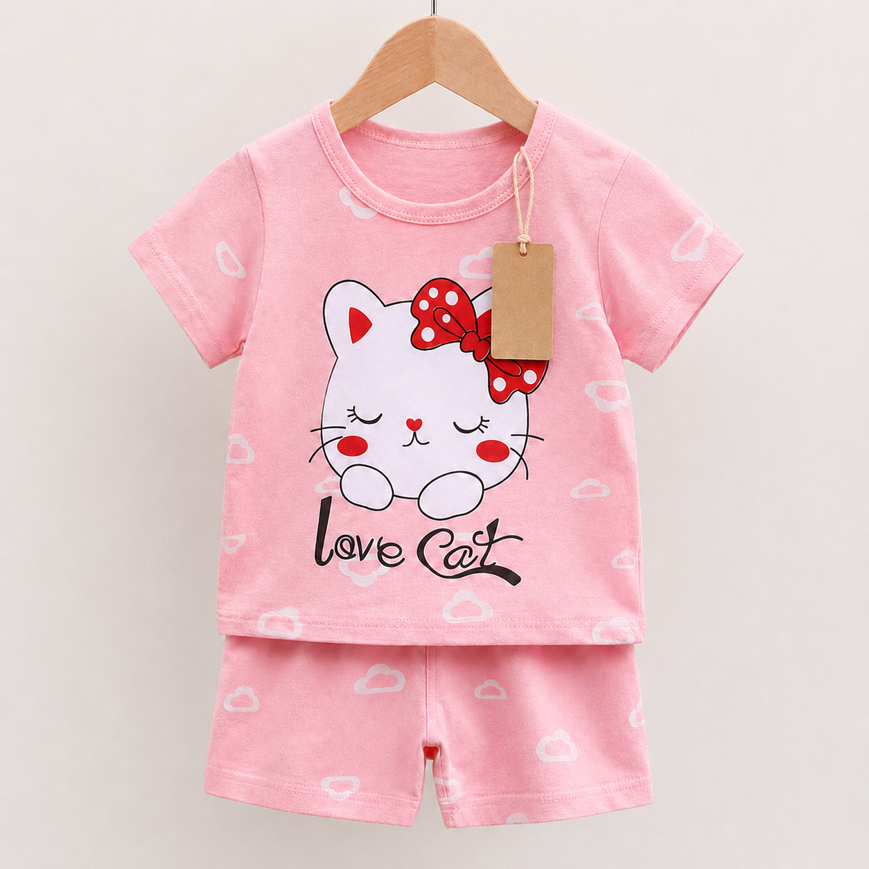 HellLove Cat Pink T-Shirt & Shorts Set(3mths-6yrs)