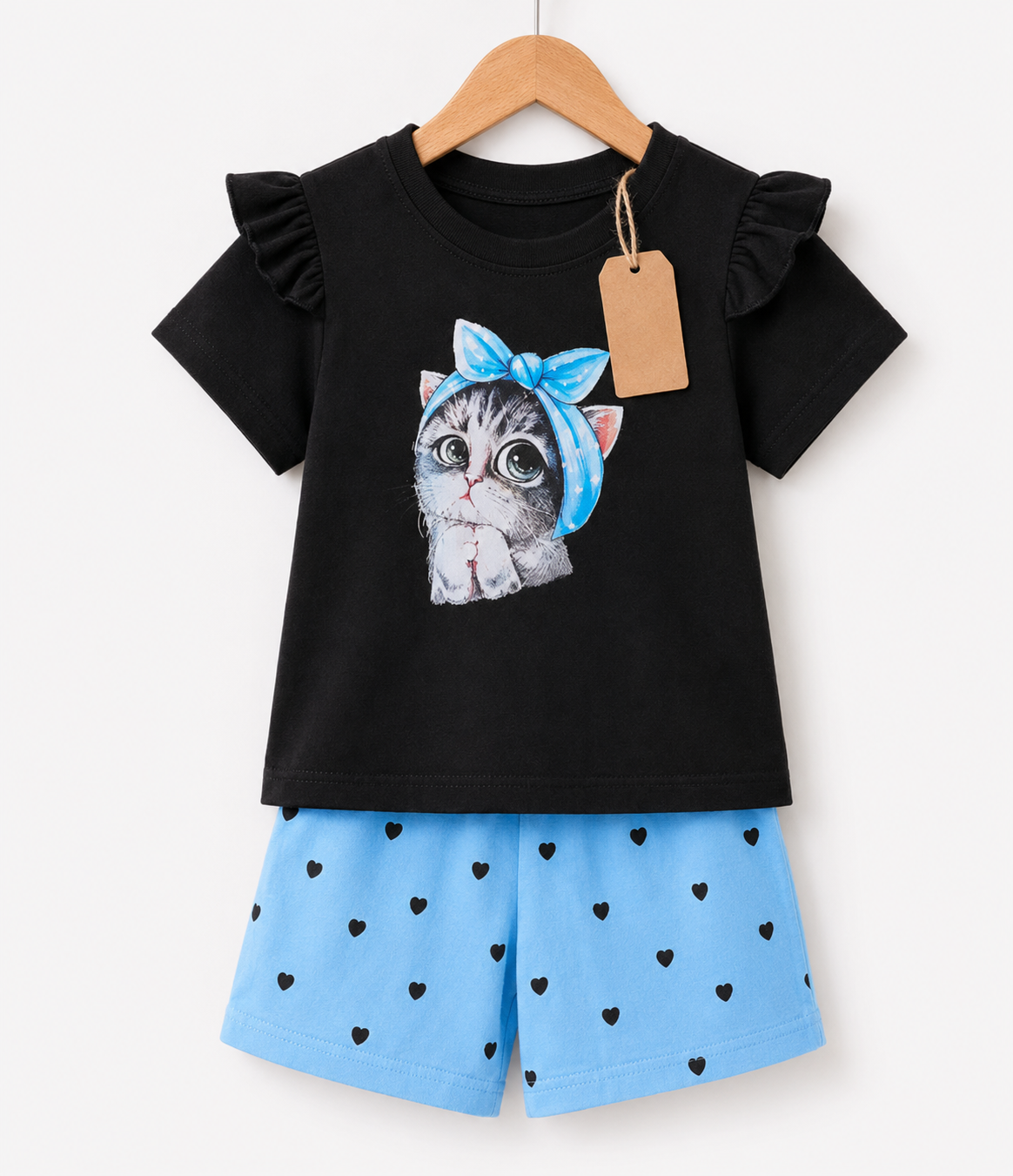 Black Cat Ruffle Top & Blue Heart Shorts Printed T-shirt & Pant Set(3mths-6yrs)