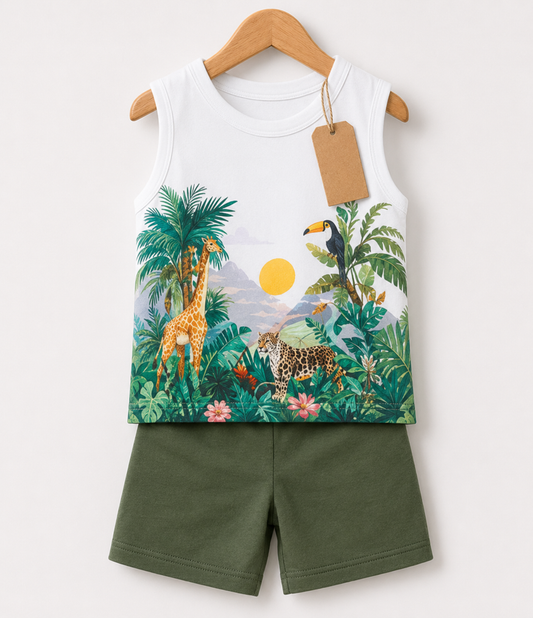 White Cartoon Car Sleeveless Shorts Printed Sleeveless T-shirt & Pant Set(3mths-6yrs)