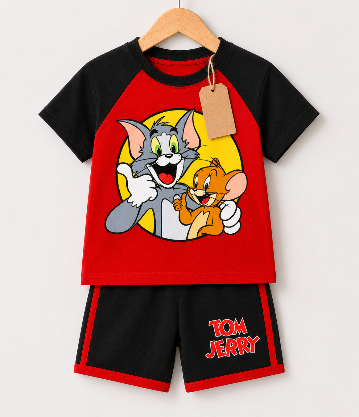 Red Cartoon Duo T-Shirt &amp; Black Shorts Printed T-shirt Set(1yrs-7yrs)