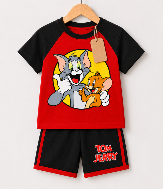 Red Cartoon Duo T-Shirt &amp; Black Shorts Printed T-shirt Set(1yrs-7yrs)