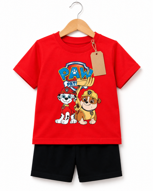 Kids Red Cartoon T-Shirt &amp; Black Shorts Set (3mths-6yrs)