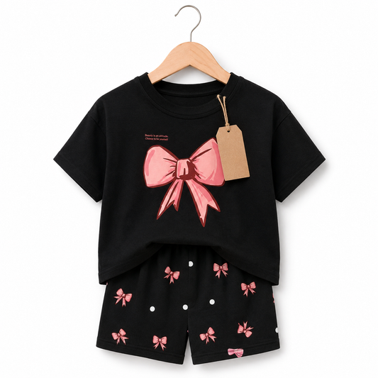Kids Black Bow& nbsp;T-Shirt & Shorts Set(3mths-6yrs)