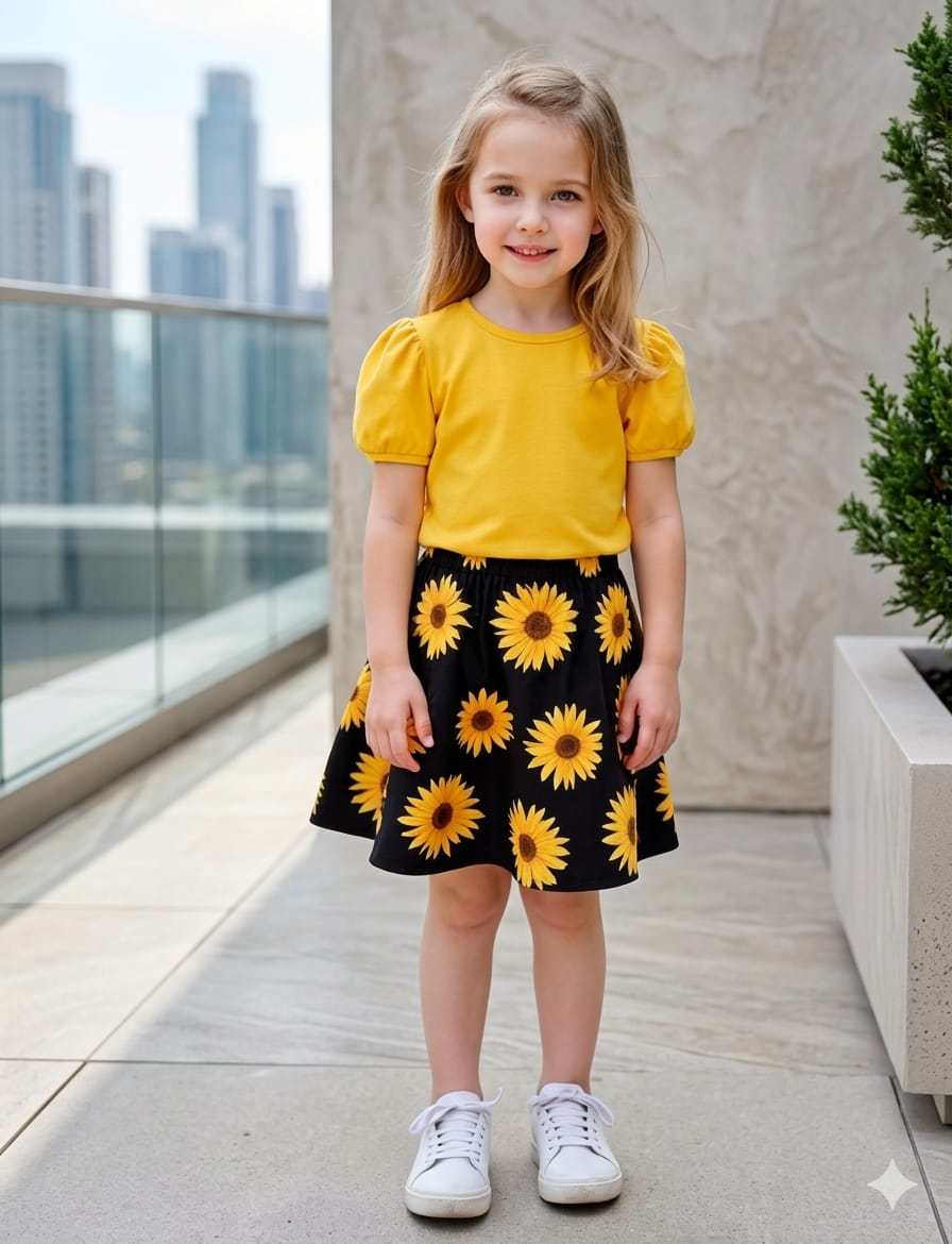 Baby Girls Sunflower Skirt & Ribbed Top Set(2yrs-8yrs)