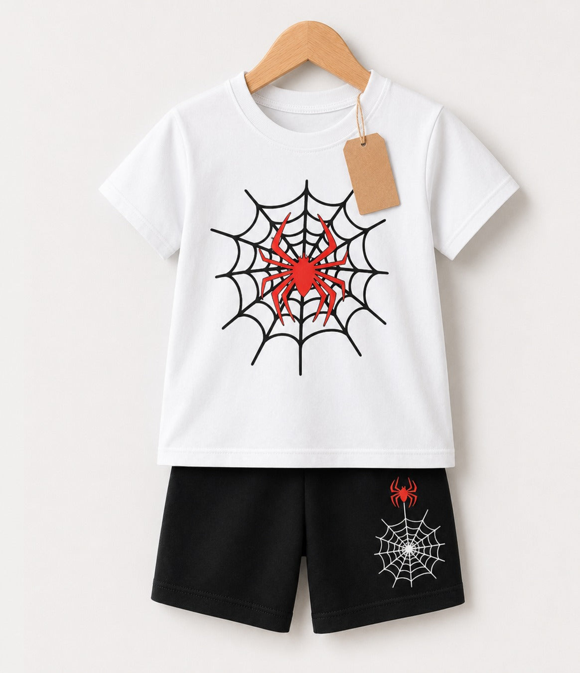 White Web Print T-Shirt & Black Shorts Set (3mths-6yrs)