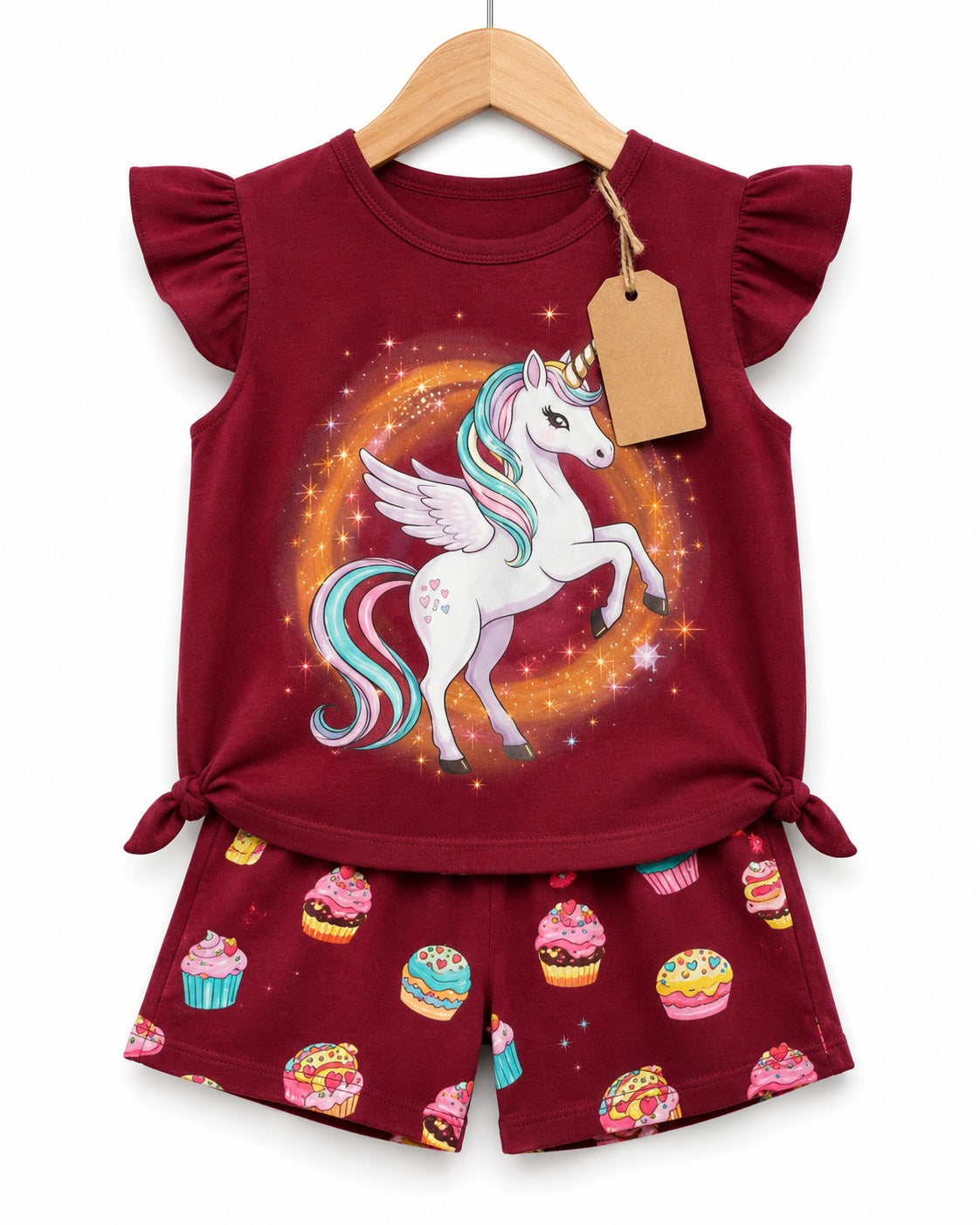 Kids Burgundy Unicorn Top & Cupcake Shorts Set (3mths-6yrs)