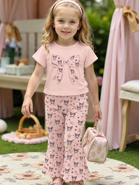 Girls Pink Bow T-Shirt & Flared Pant Set (3yrs-12yrs)