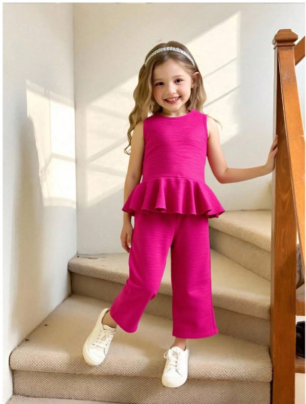 Girl Casual Basic Ruffle Sleeveless Shirt Top & Wide Leg Long Pants (2yrs-8yrs)