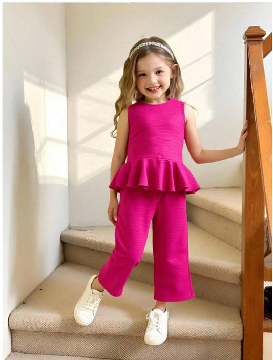 Girl Casual Basic Ruffle Sleeveless Shirt Top & Wide Leg Long Pants (2yrs-8yrs)