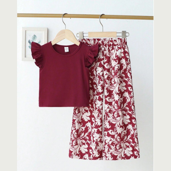 Girls Elegant Ruffle Top & Printed Pants Set (2yrs-12yrs)