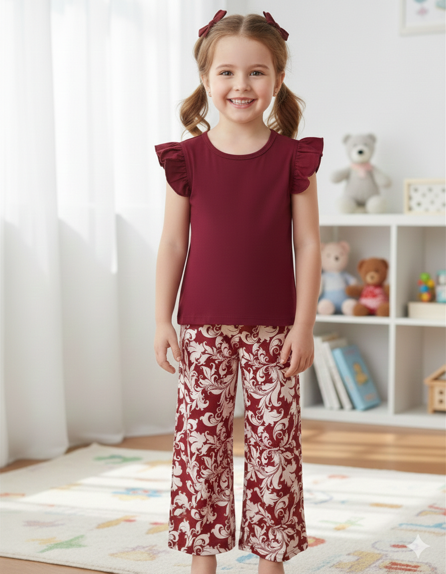 Girls Elegant Ruffle Top & Printed Pants Set (2yrs-12yrs)